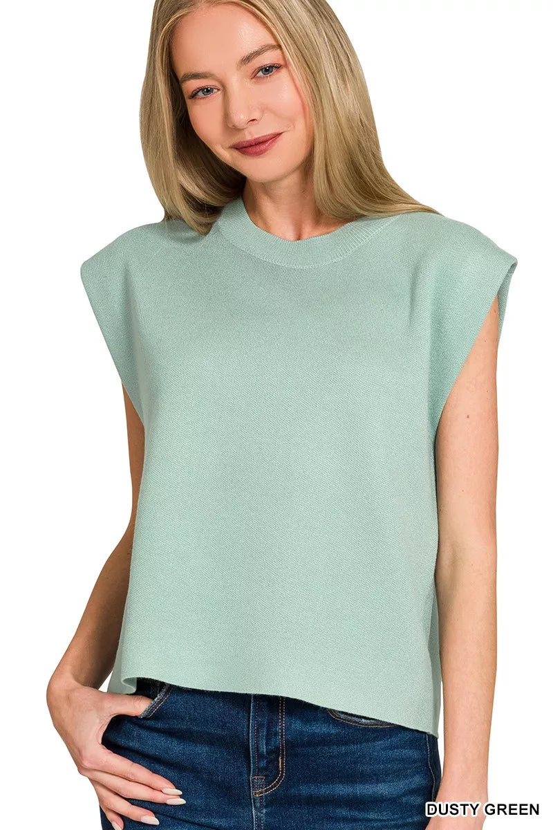 Round Neck Viscose Sweater Vest in Dusty Green