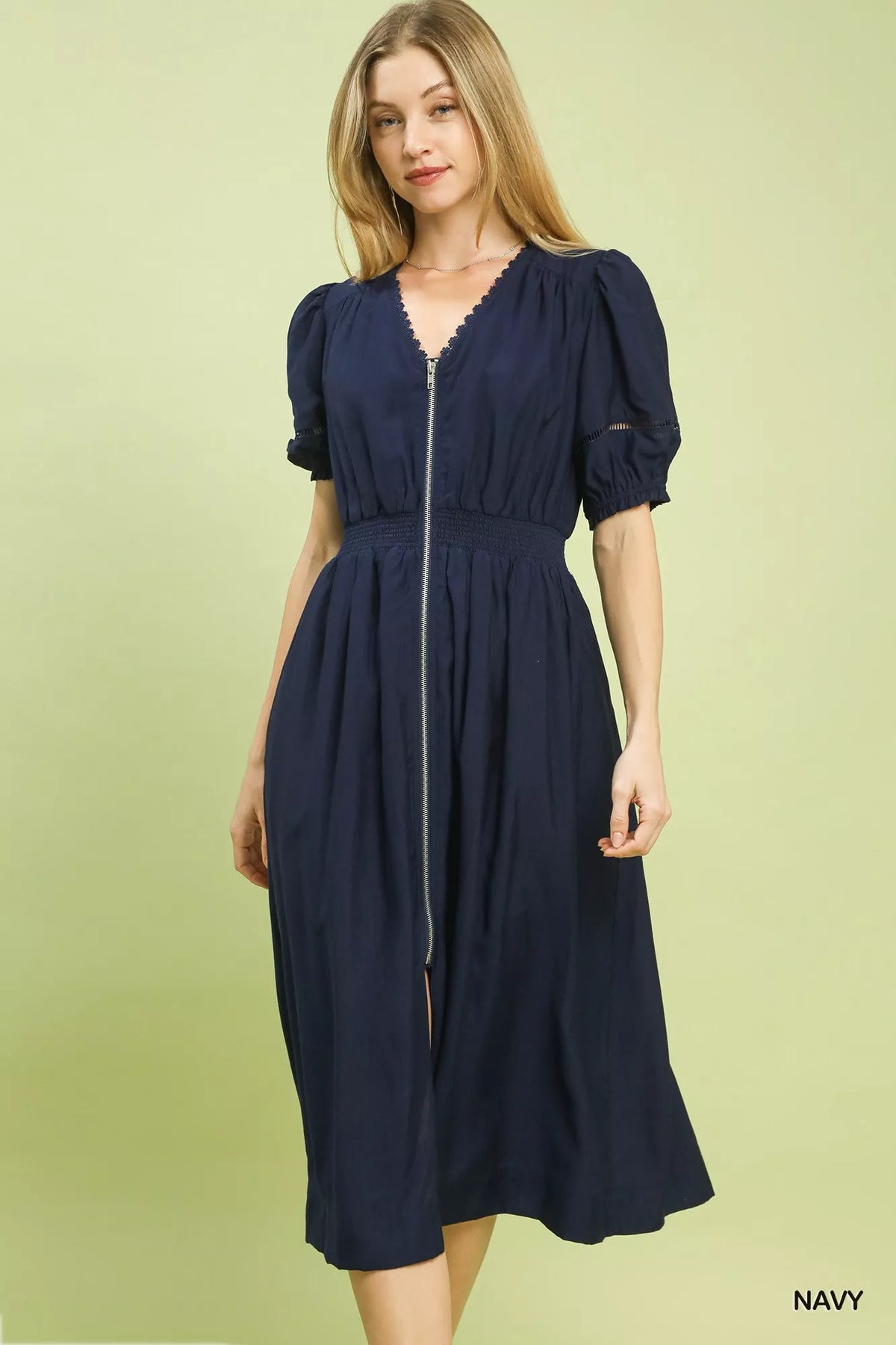 Zip Front Smocked Waist Midi Dress