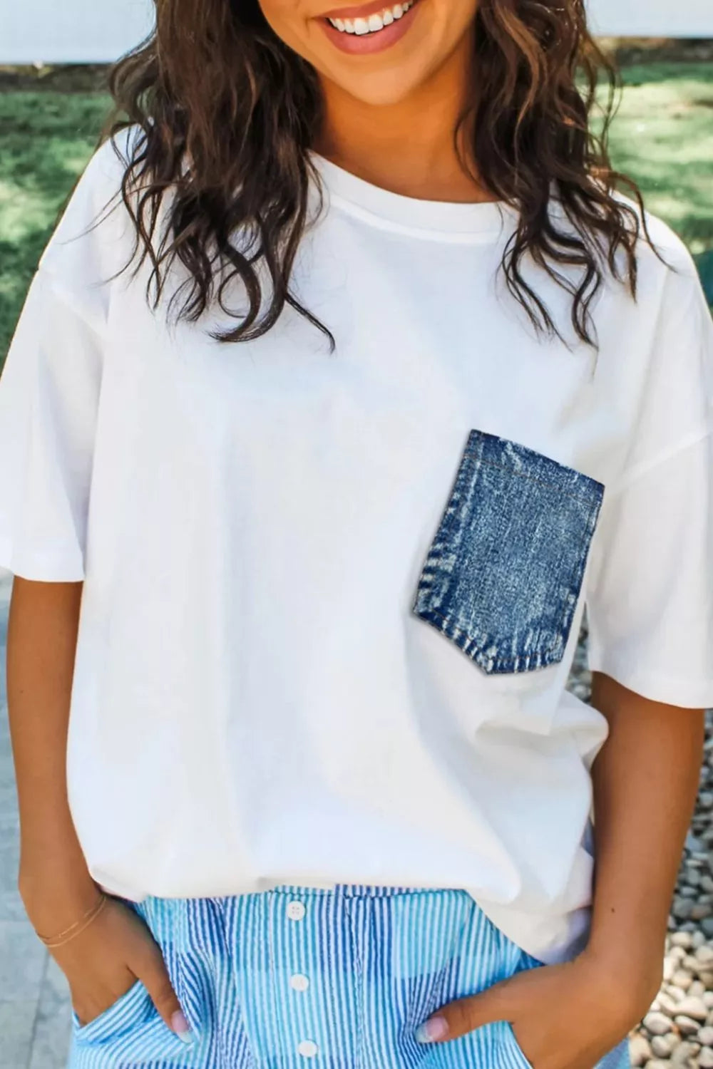 White color block short sleeve top with chest pocket full length view