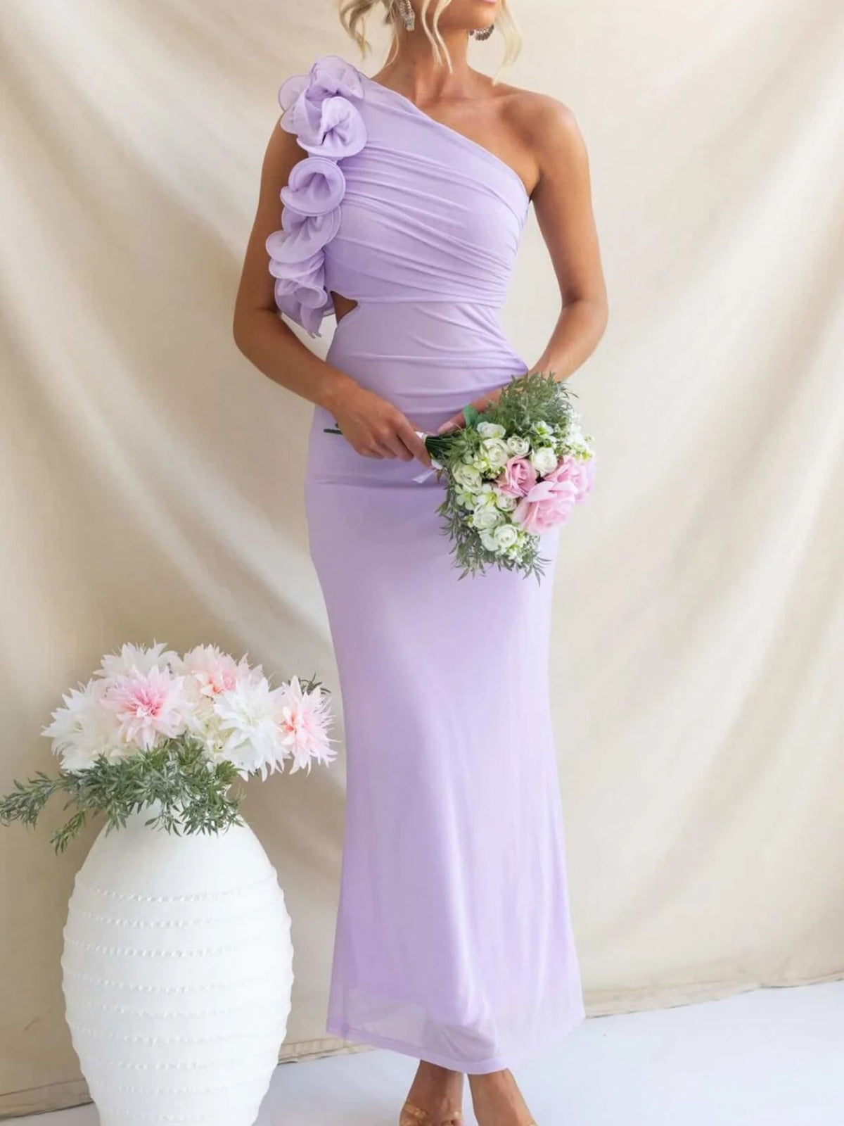 One shoulder floral trim sleeveless maxi dress full length view
