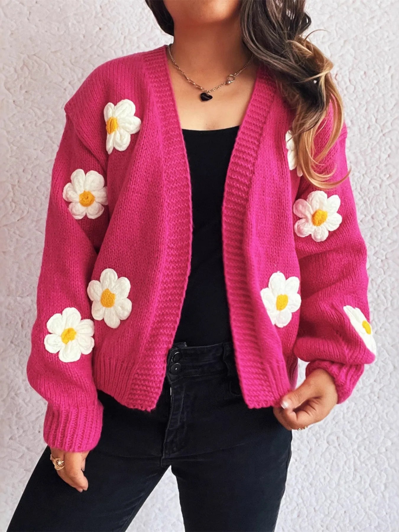 Flower Open Front Long Sleeve Cardigan - Fashorio