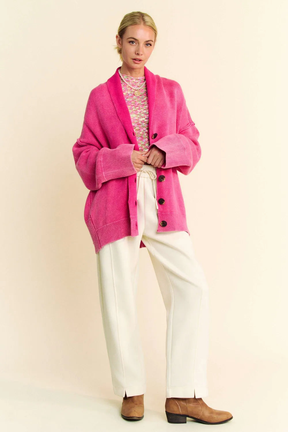 Davi & Dani Shawl Collar Ribbed Detail Button Up Cardigan - Fashorio