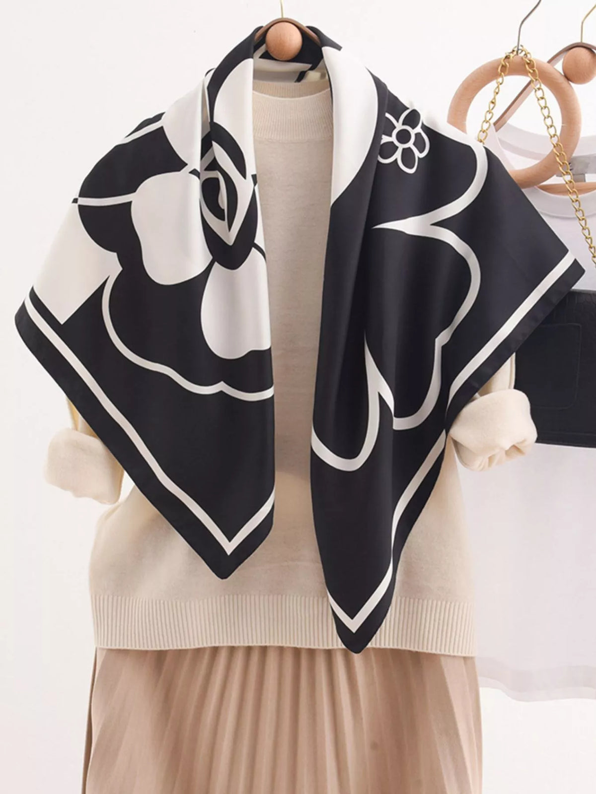 Silky floral print scarf shown flat