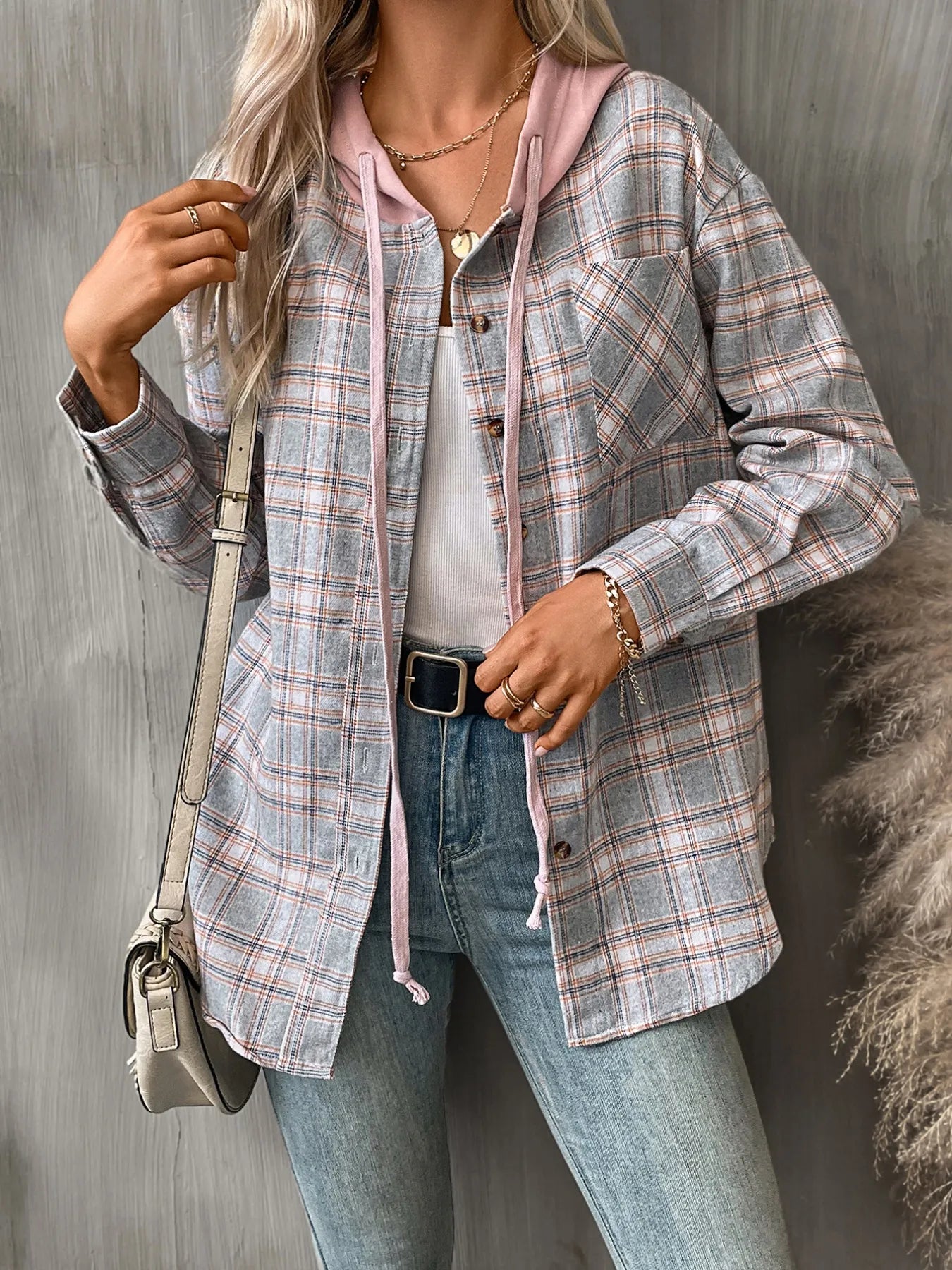 Plaid Button-Up Hooded Shirt - Fashorio