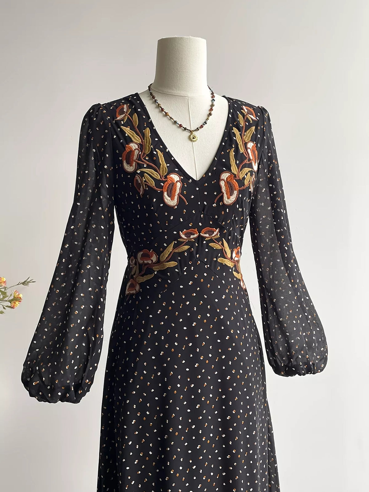 Polka dot embroidered maxi dress side view