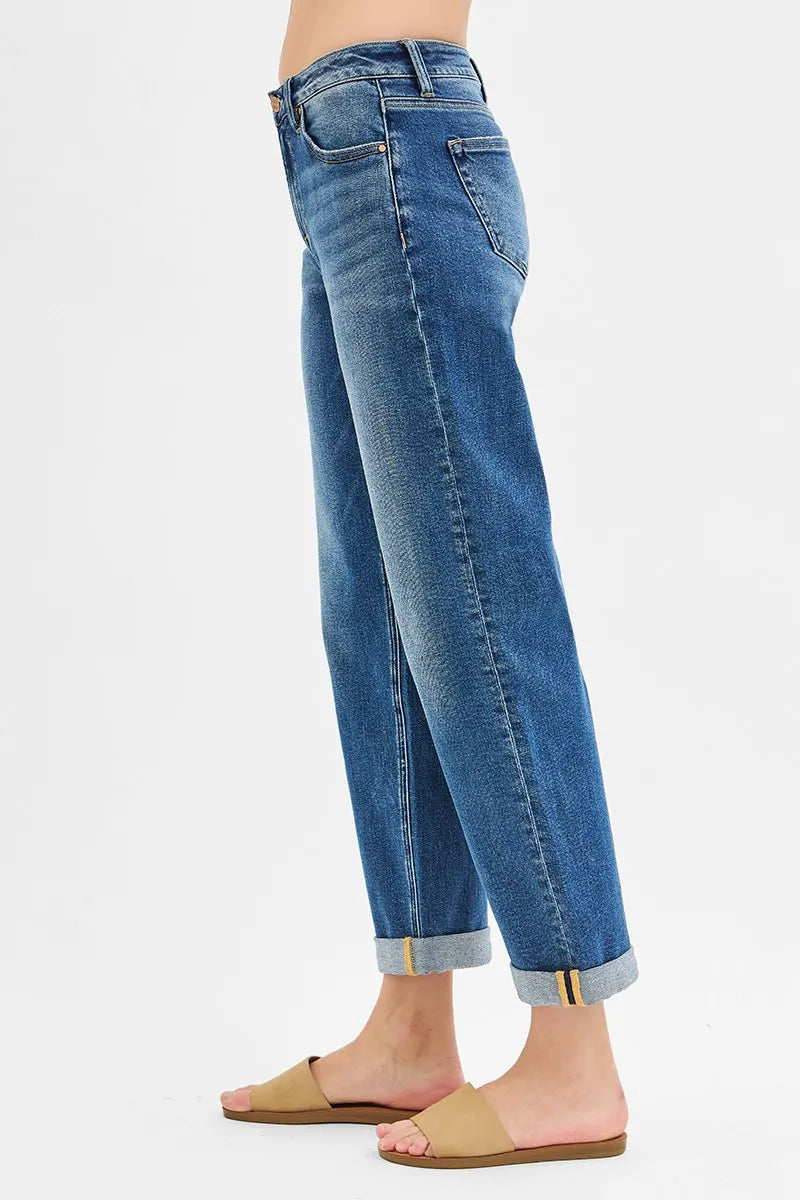 RISEN Full Size Mid Rise Boyfriend Roll Up Jeans Plus Size - Fashorio