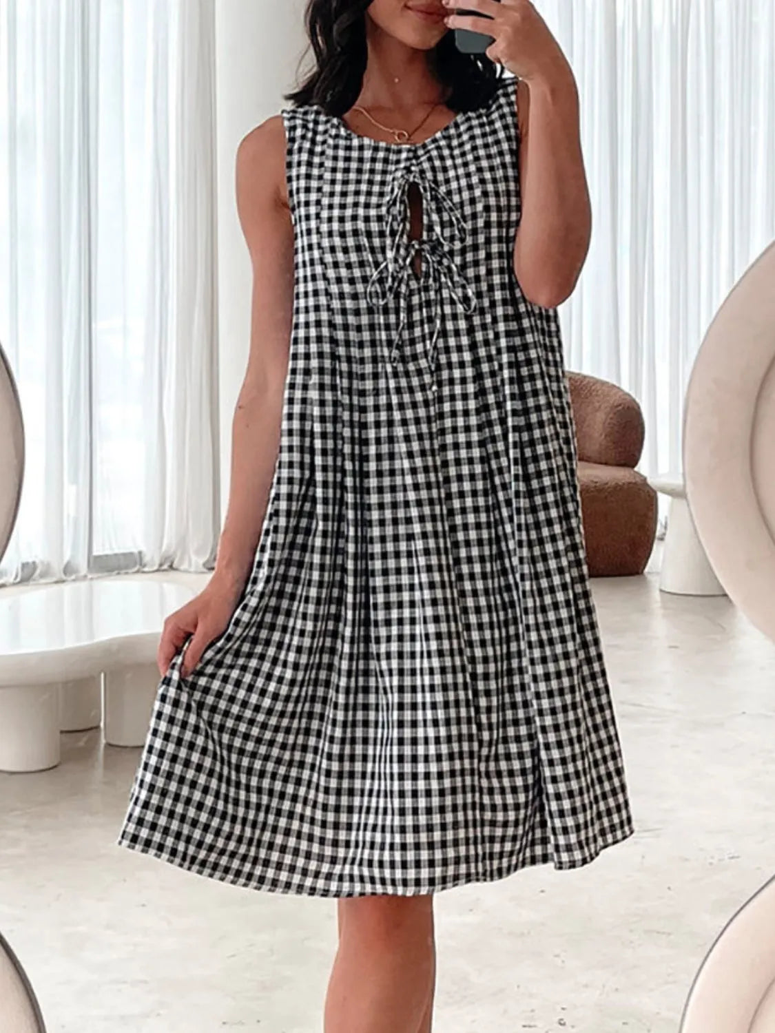 Plaid Tie Front Sleeveless Dress in Black close up