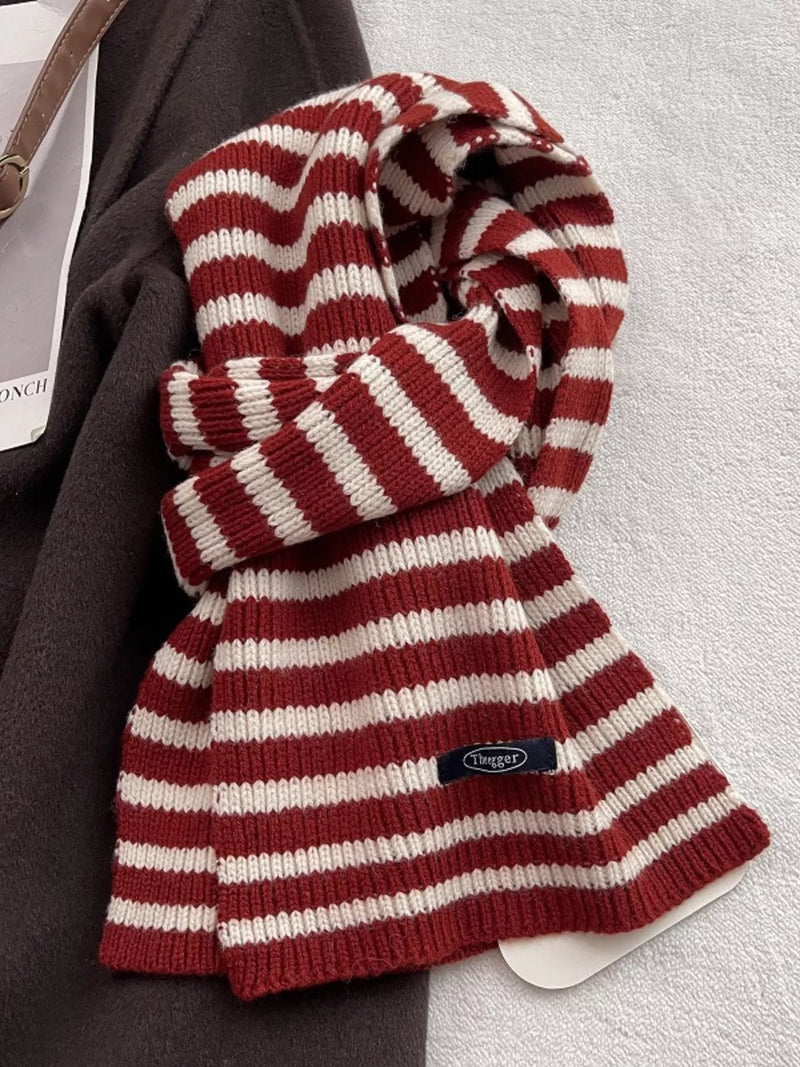 Wool striped knitted winter scarf front drape