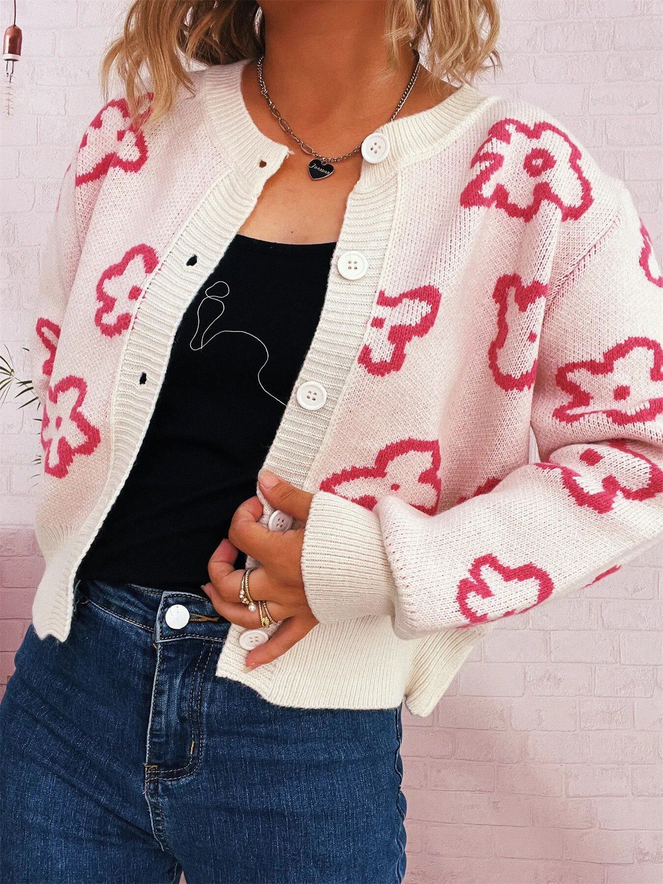 Floral Pattern Button-Up Cardigan - Fashorio