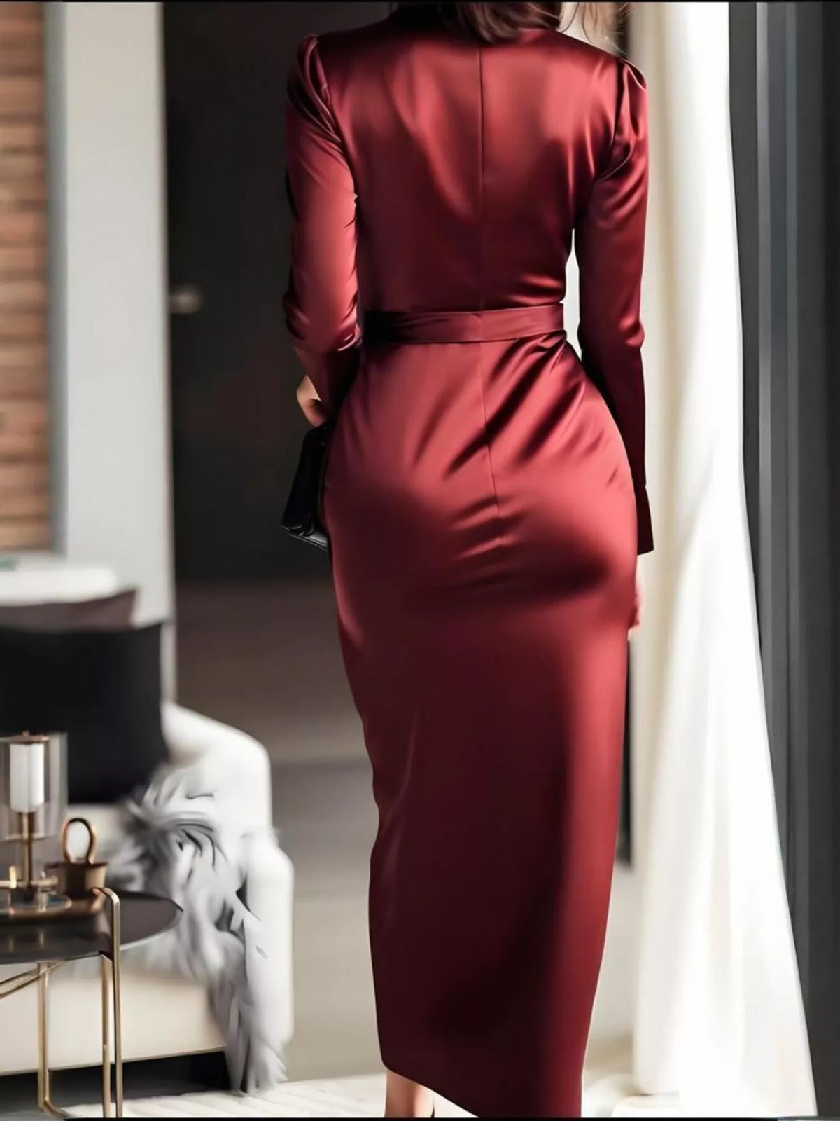 Red satin surplice long sleeve maxi dress detail view