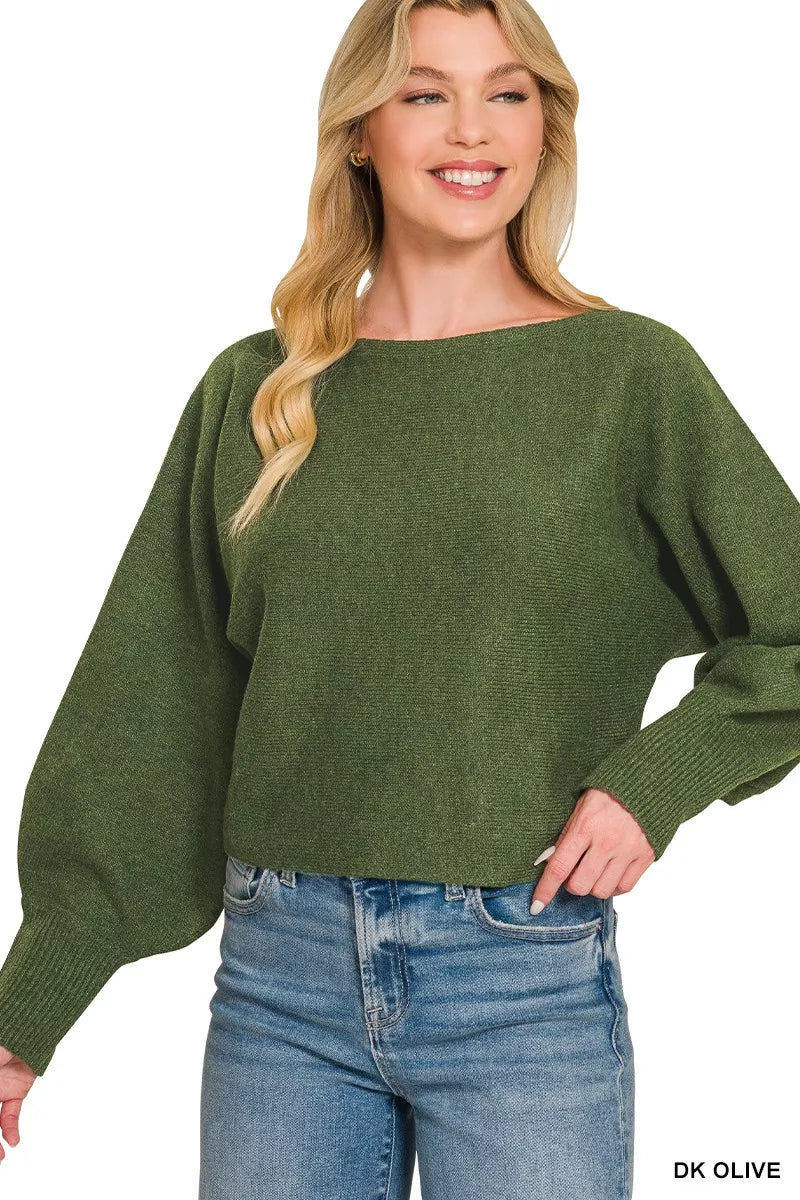 Balloon sleeve sweater cuff detail in dark olive
