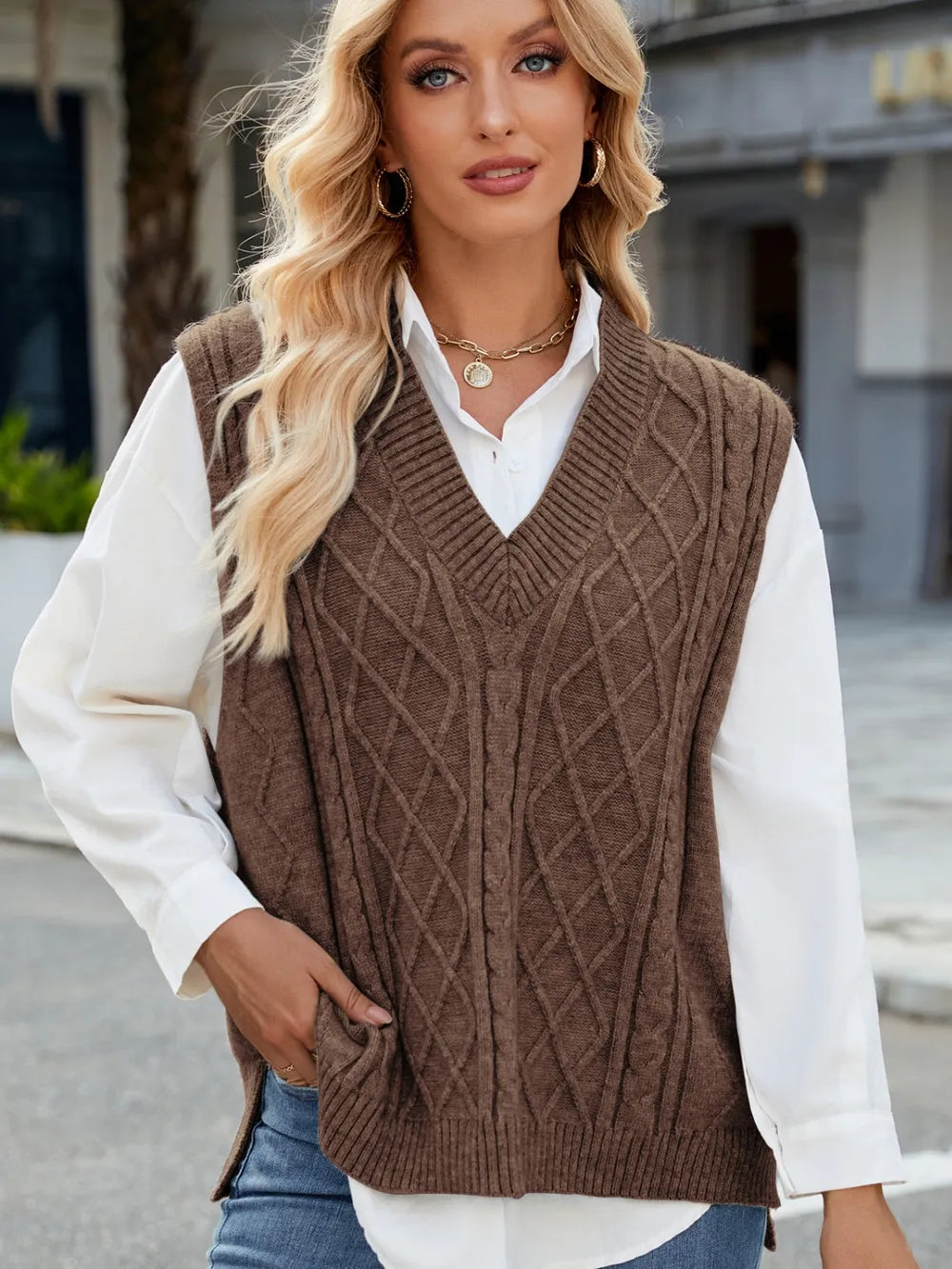 Cable Knit V Neck Sweater Vest in Gray view 8