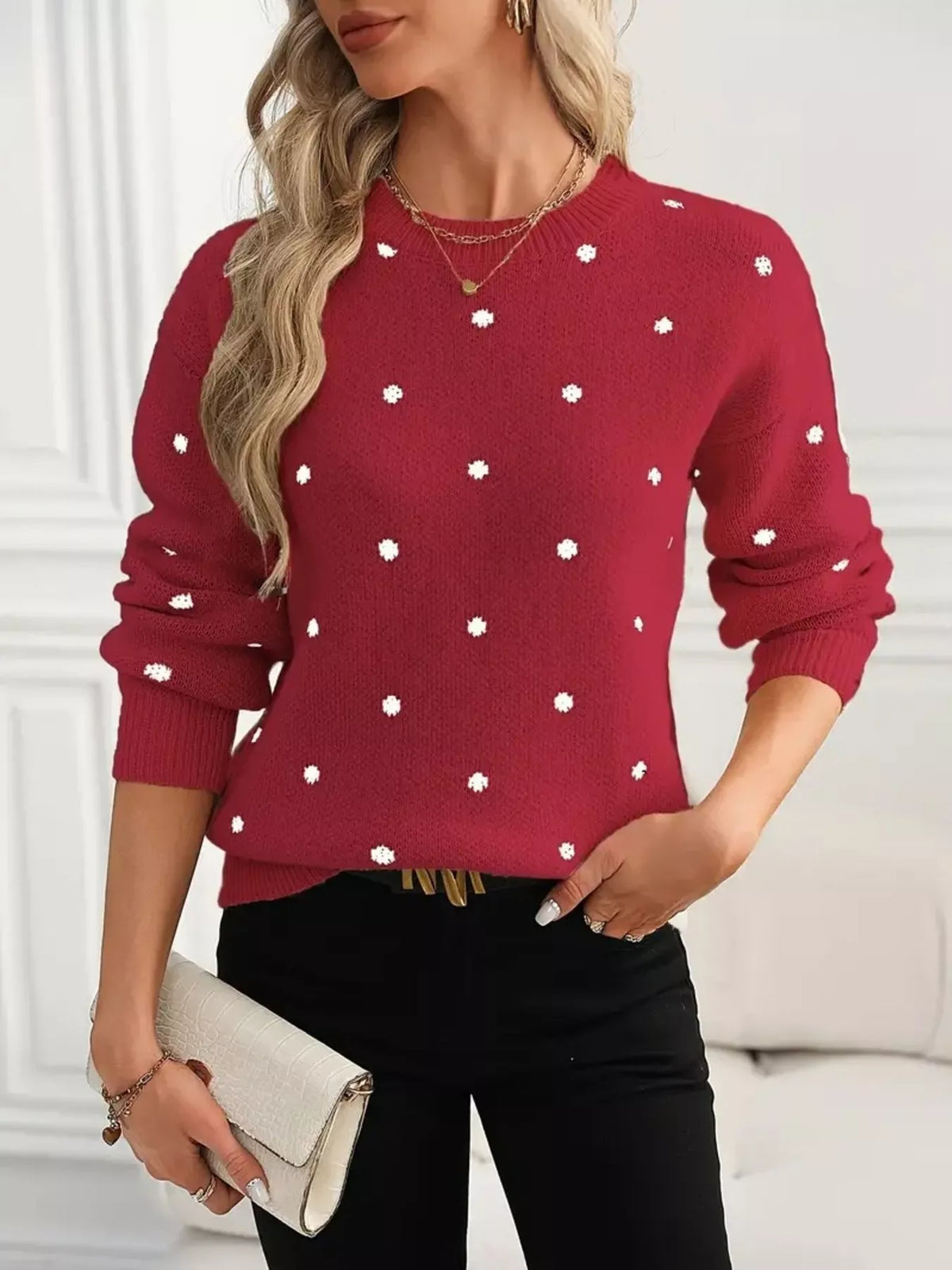 Polka dot round neck sweater, front view