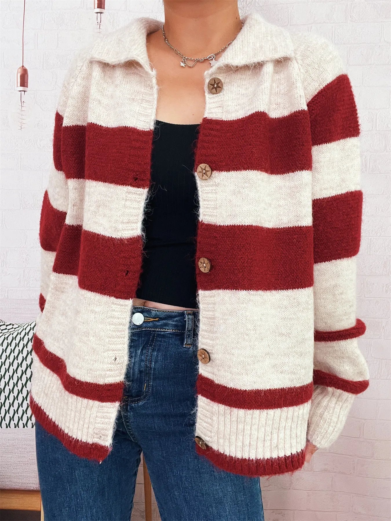 Striped Button-Up Cozy Cardigan - Fashorio