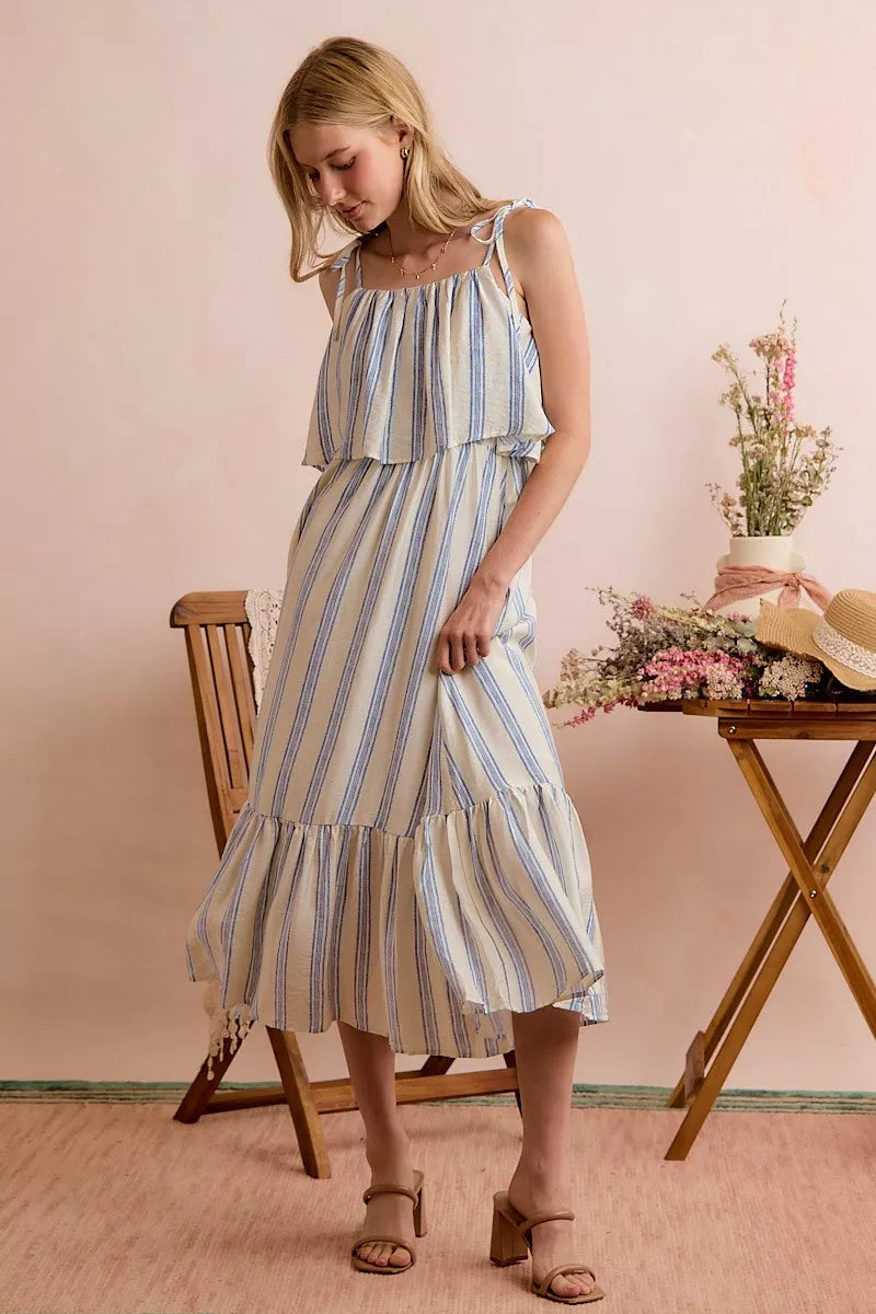 White and blue striped tiered midi dress with shoulder ties front view