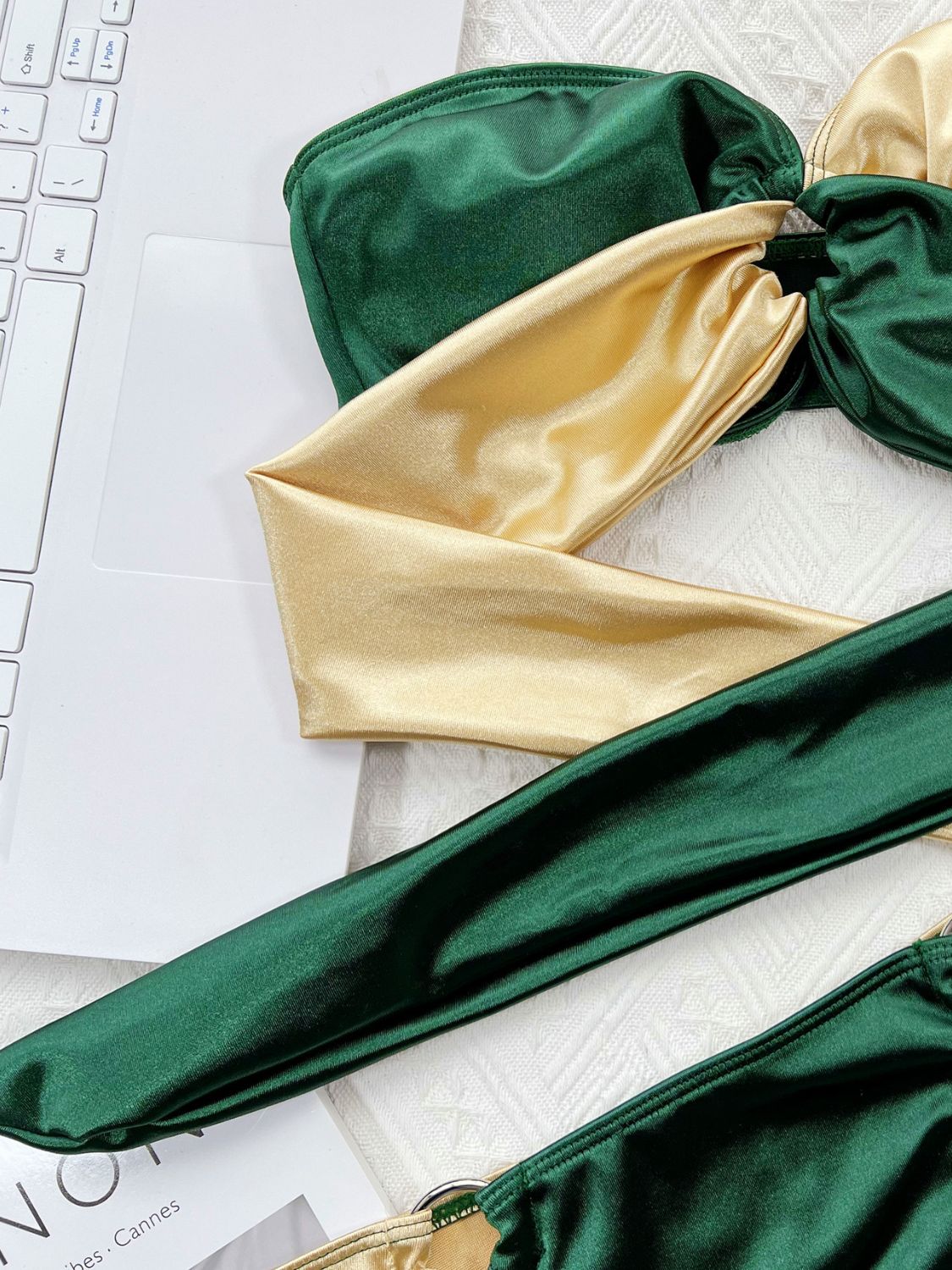 Two-Tone Ring Detail Tied Bikini Set - Removable Padding - Fashorio