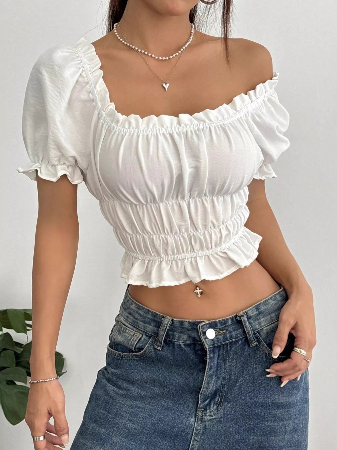 Frill Ruffled Hem Puff Sleeve Crop Blouse - Fashorio
