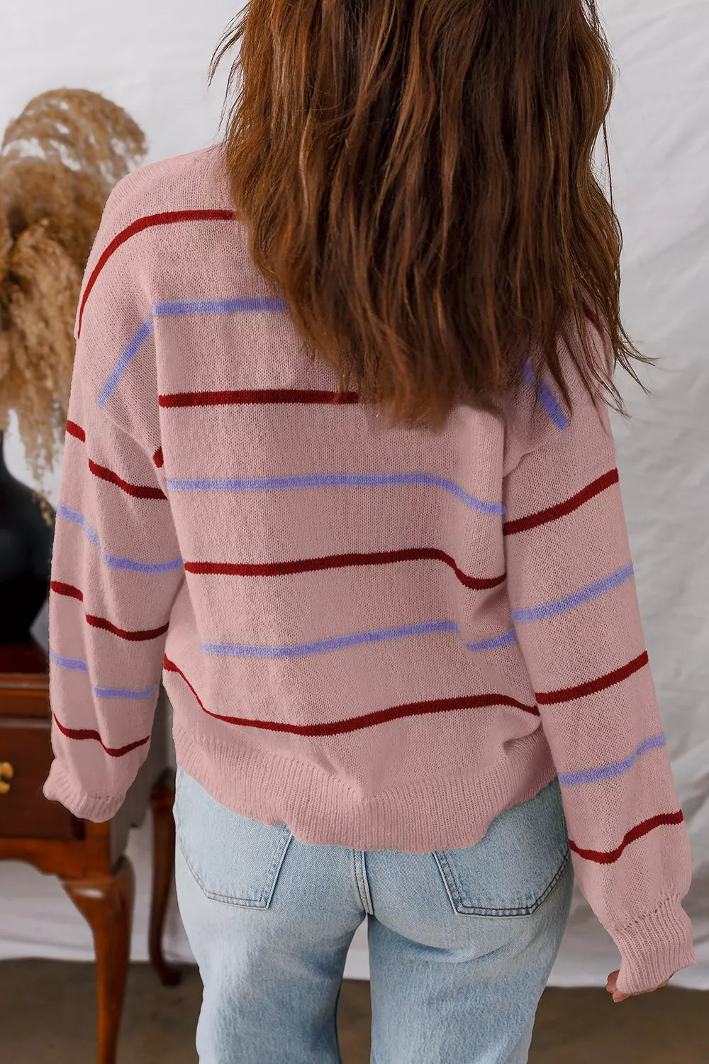 striped drop shoulder long sleeve sweater dusty pink styled full outfit