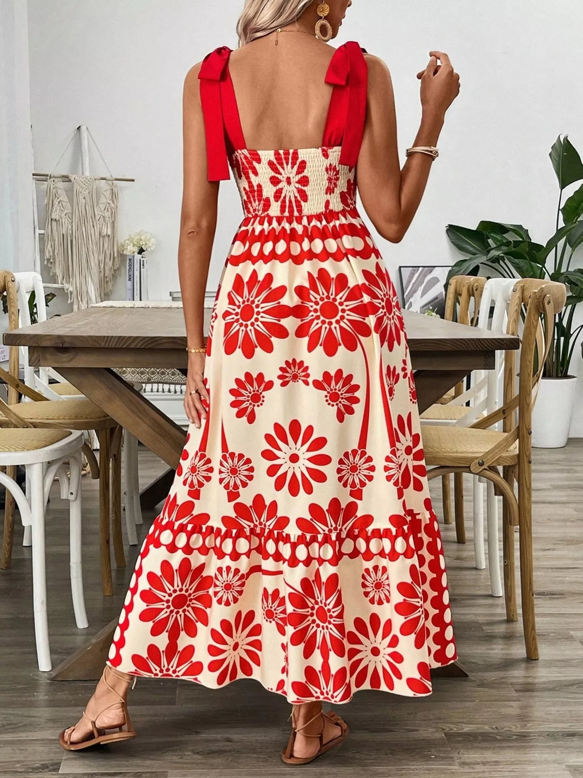 Red floral print tie shoulder midi dress front view