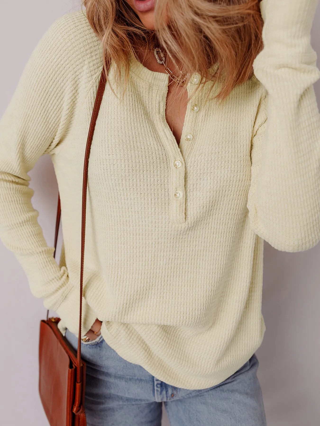 Textured Knit Half Buttons Henley Top - Fashorio