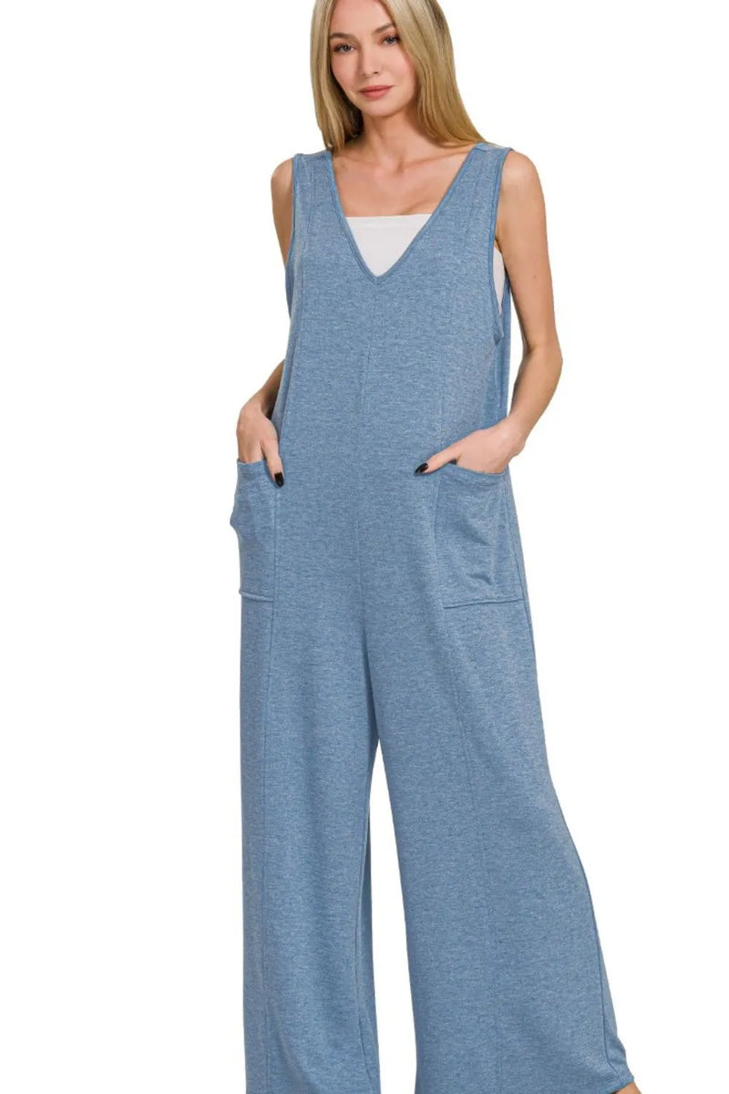 French Terry Deep V Neck Jumpsuit