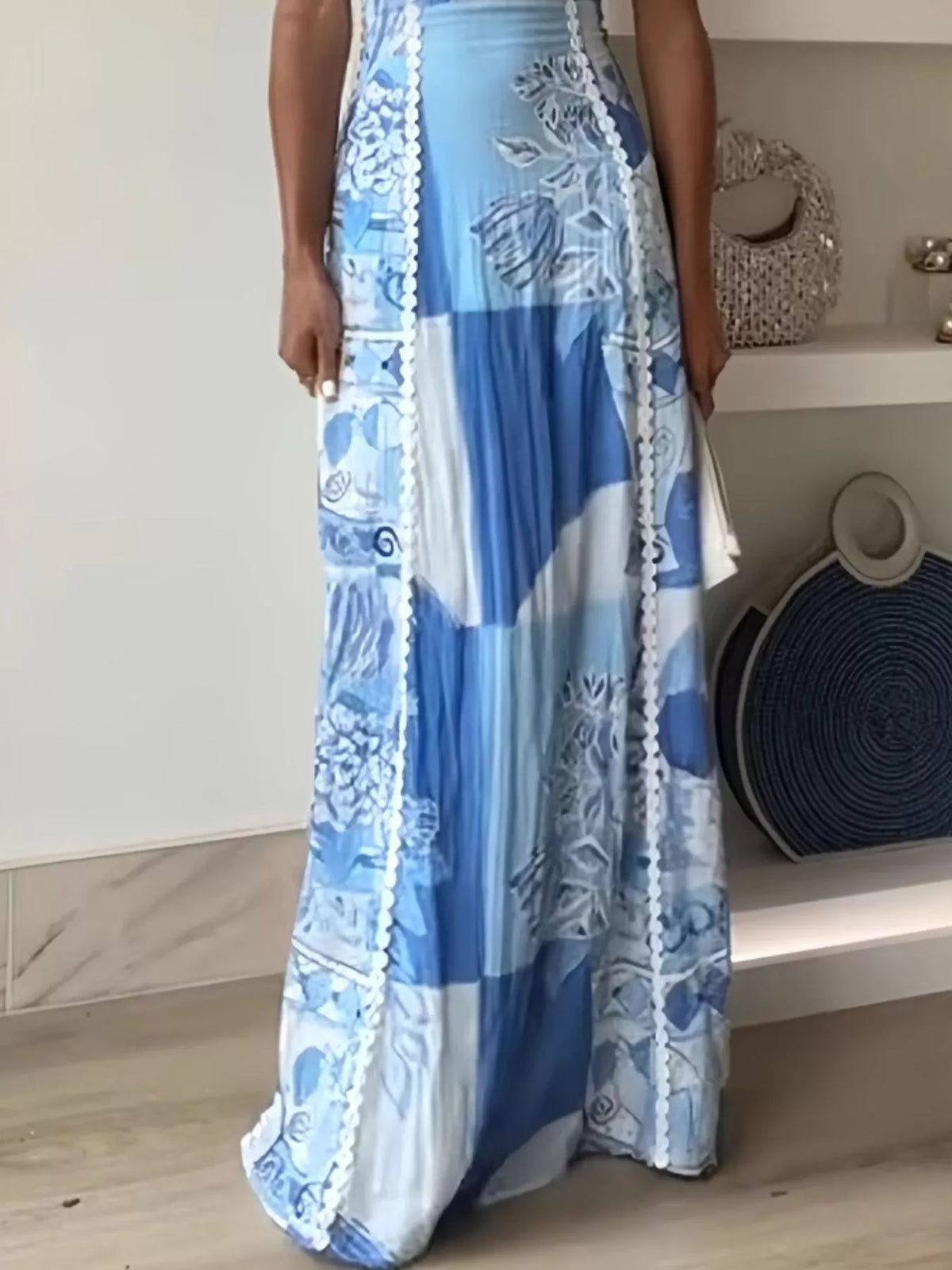 Bow cutout back square neck maxi dress in sky blue back view