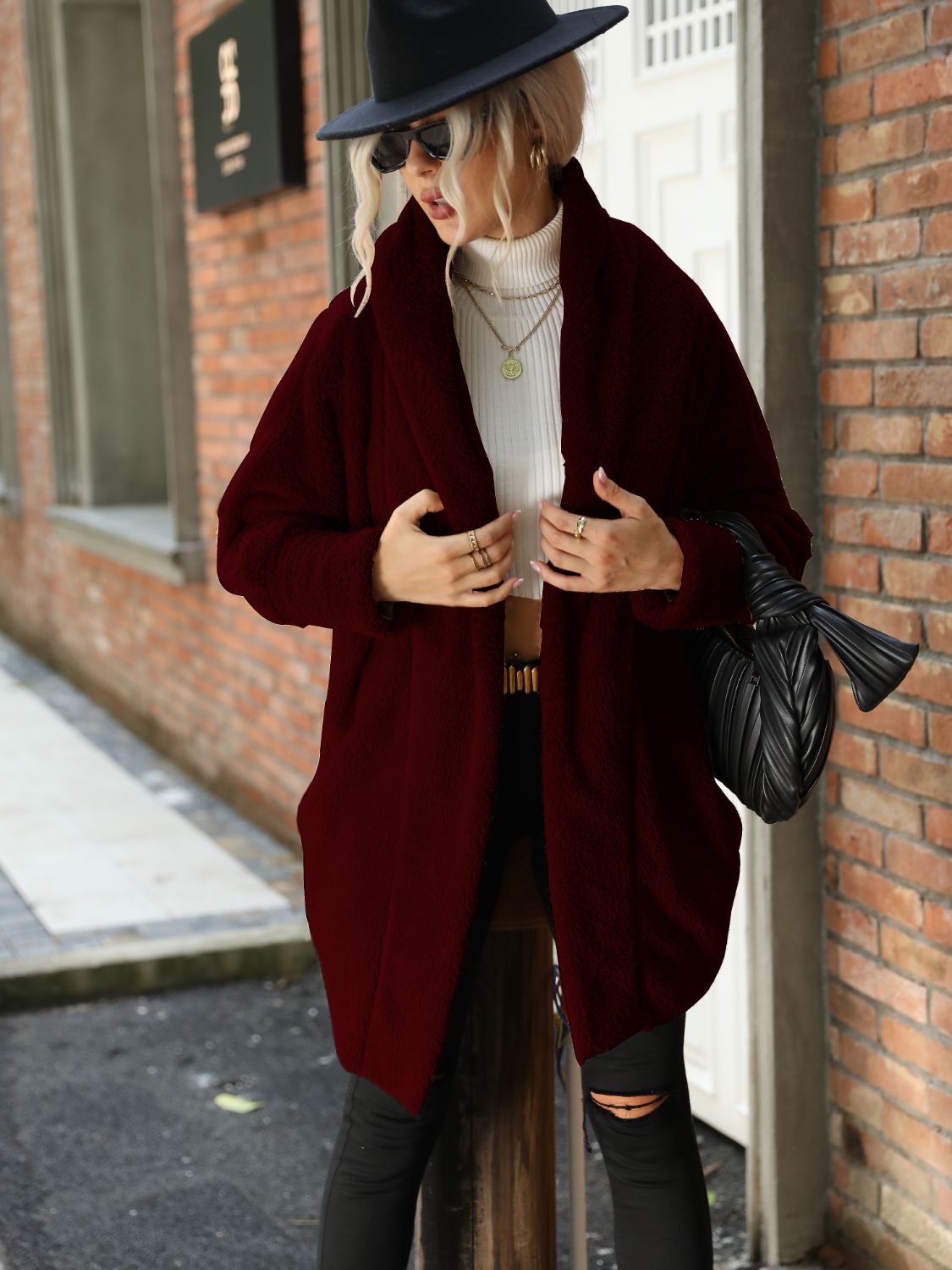 Open Front Hooded Teddy Coat Wine - Fashorio