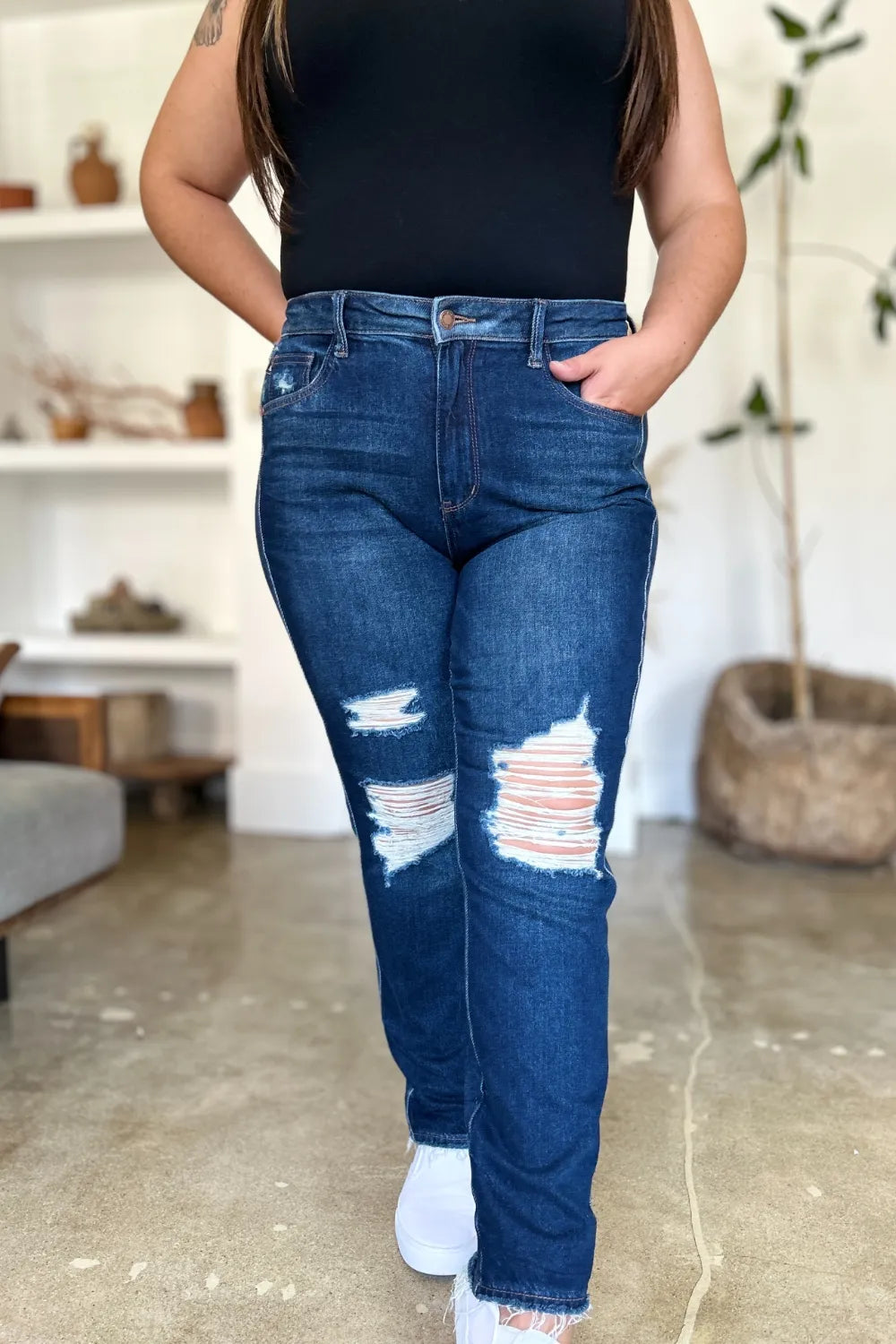Judy Blue Full Size High Waist Rigid Magic Heavy Destroy Straight Jeans - Fashorio