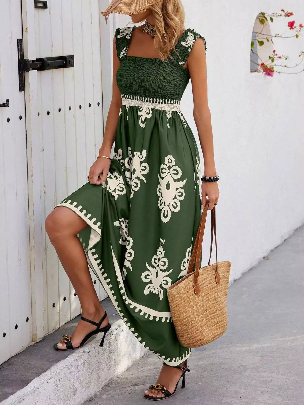 printed square neck smocked maxi dress three quarter view