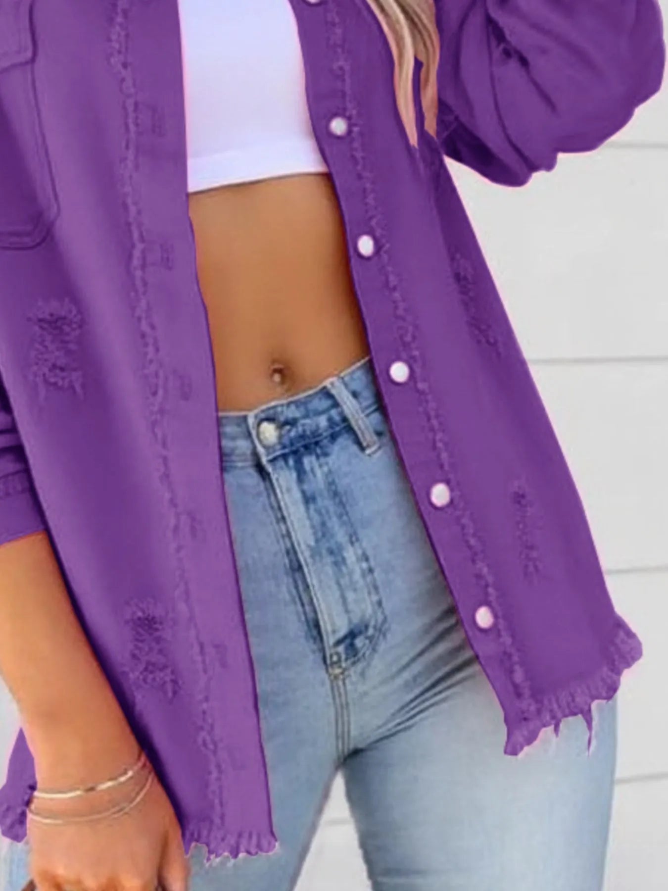 Distressed Denim Jacket with Frayed Edges - Fashorio