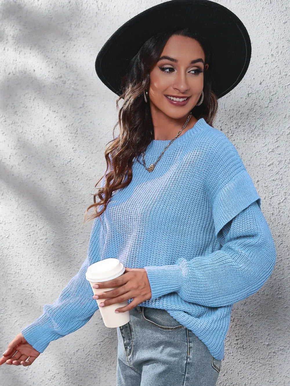 Ruffled Round Neck Dropped Shoulder Sweater - Fashorio