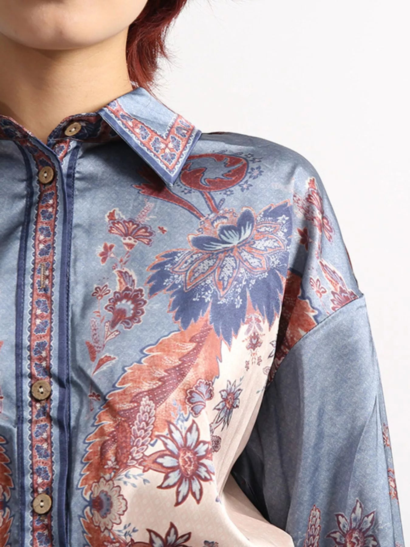 Printed Button Front Long Sleeve Shirt and Shorts Set - Fashorio