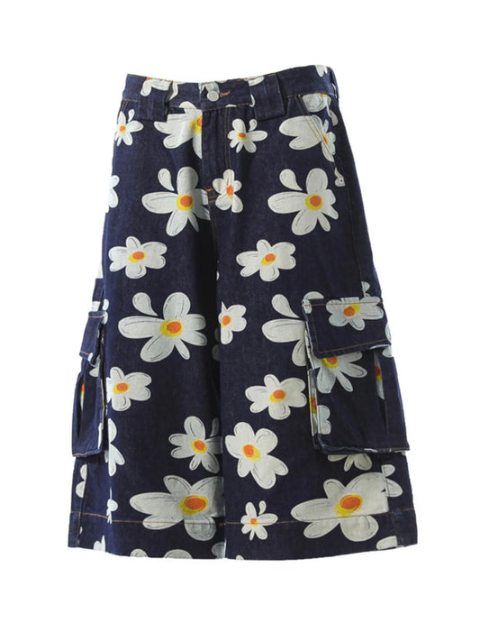 Men's Floral Print Denim Cargo Shorts Dark Blue - Fashorio
