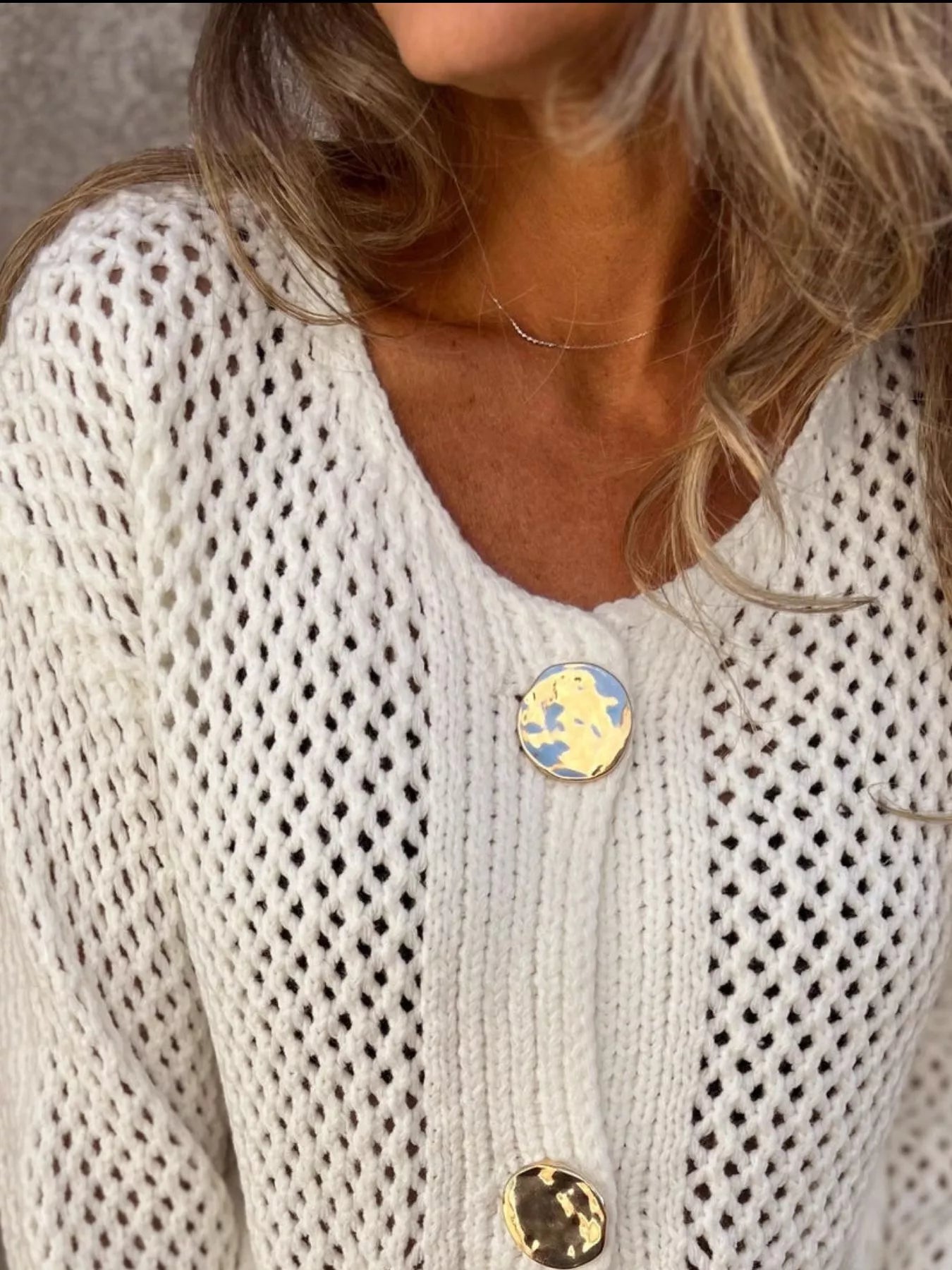 Crochet Button Up Long Sleeve Cardigan - Fashorio