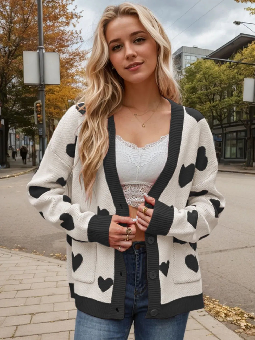 Heart Button Up Dropped Shoulder Long Sleeve Cardigan Cream - Fashorio