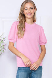 Reborn J Ribbed Round Neck Short Sleeve Top PINK - Fashorio