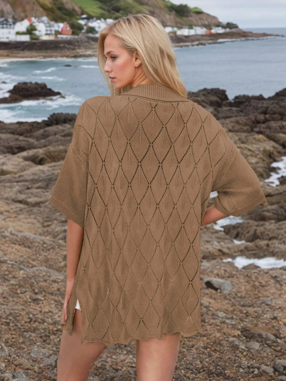 Button Down Eyelet Collared Neck Knit Shirt - Fashorio