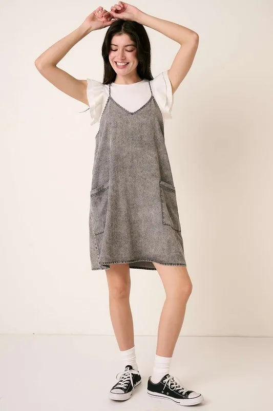Washed Patch Pocket Mini Cami Denim Dress styled look