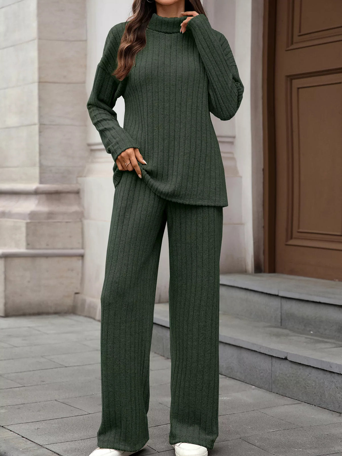 Ribbed turtleneck top and pants set collar detail view