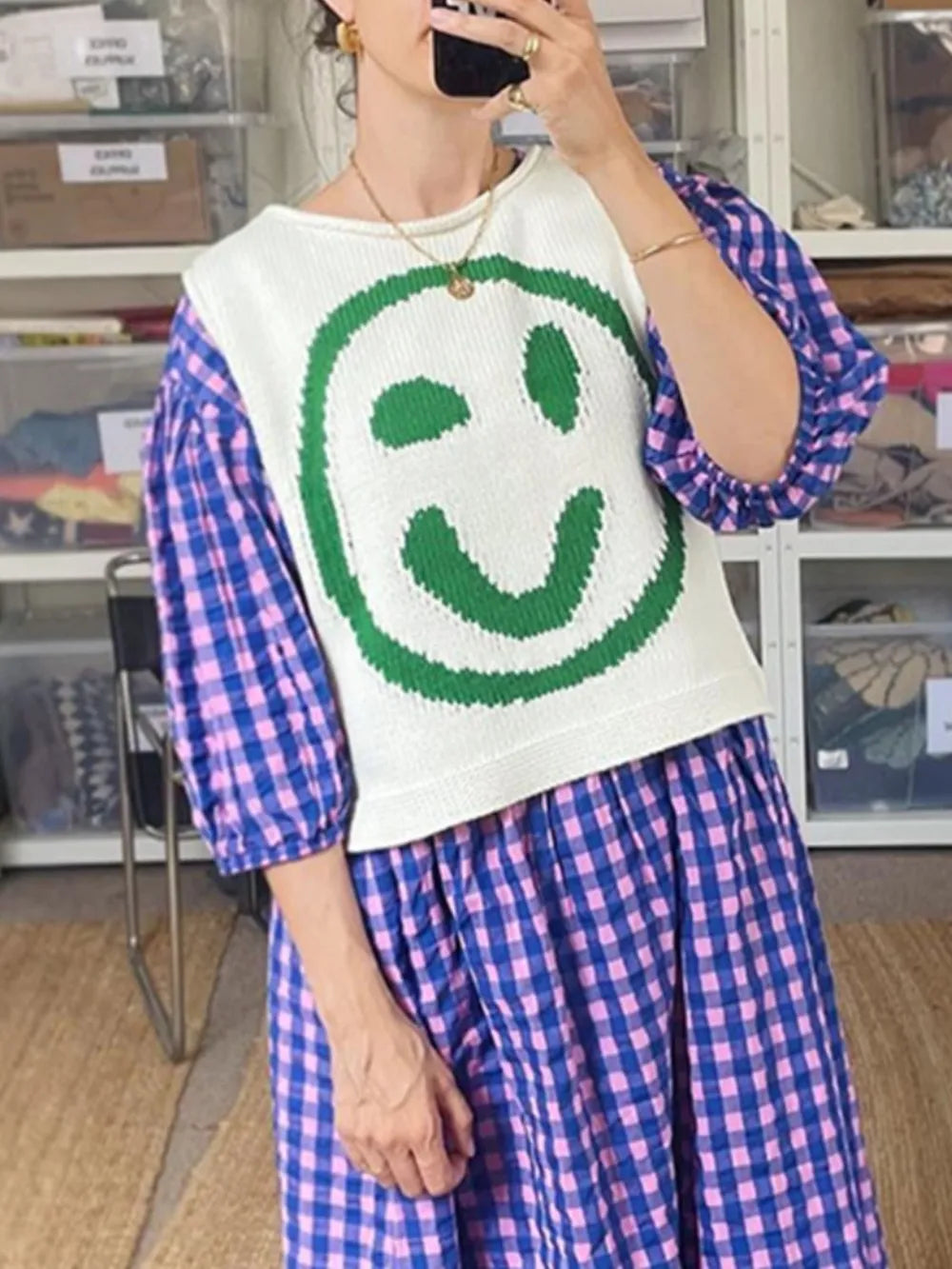 Smiley Face Round Neck Sweater Vest in Mustard styled look