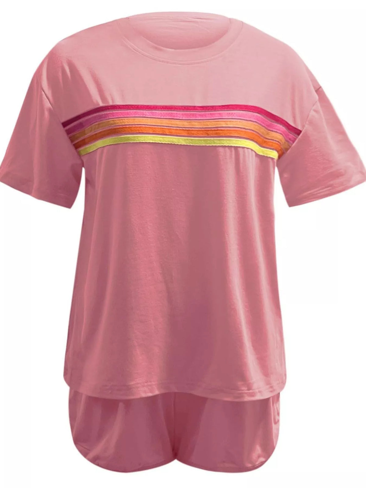 Rainbow Striped Round Neck Top and Shorts Set, view 18