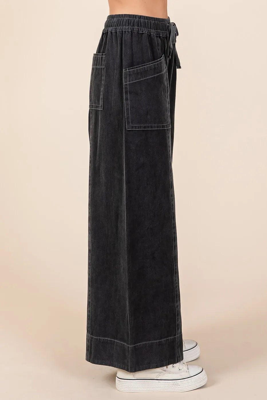 Mittoshop Mineral Wash Wide Leg Elastic Waist Twill Pants - Fashorio
