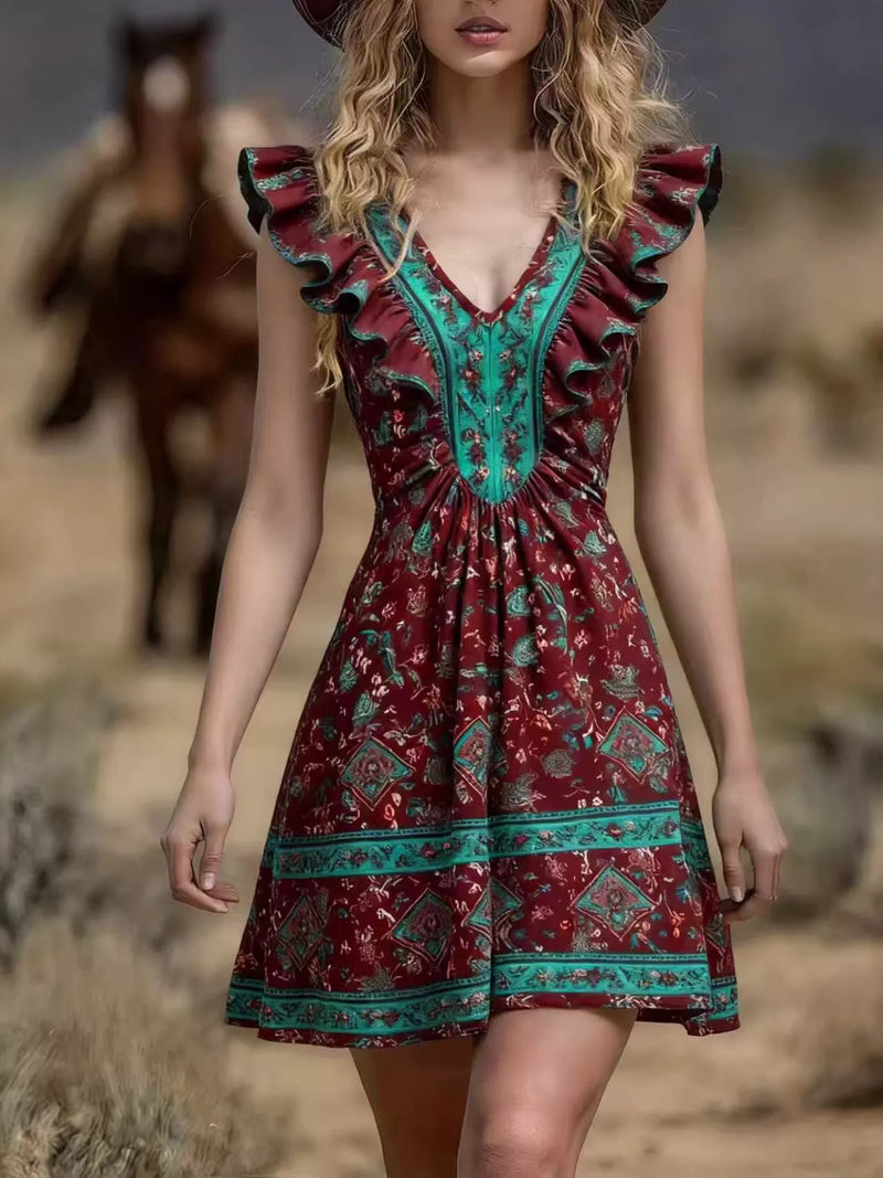 Ruffled V neck mini dress with ruching, front view