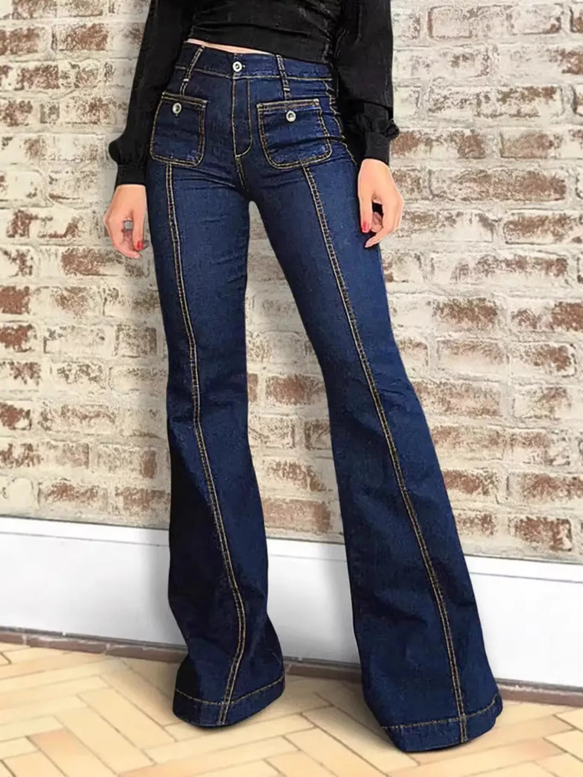 Dark blue high waist flare jeans front