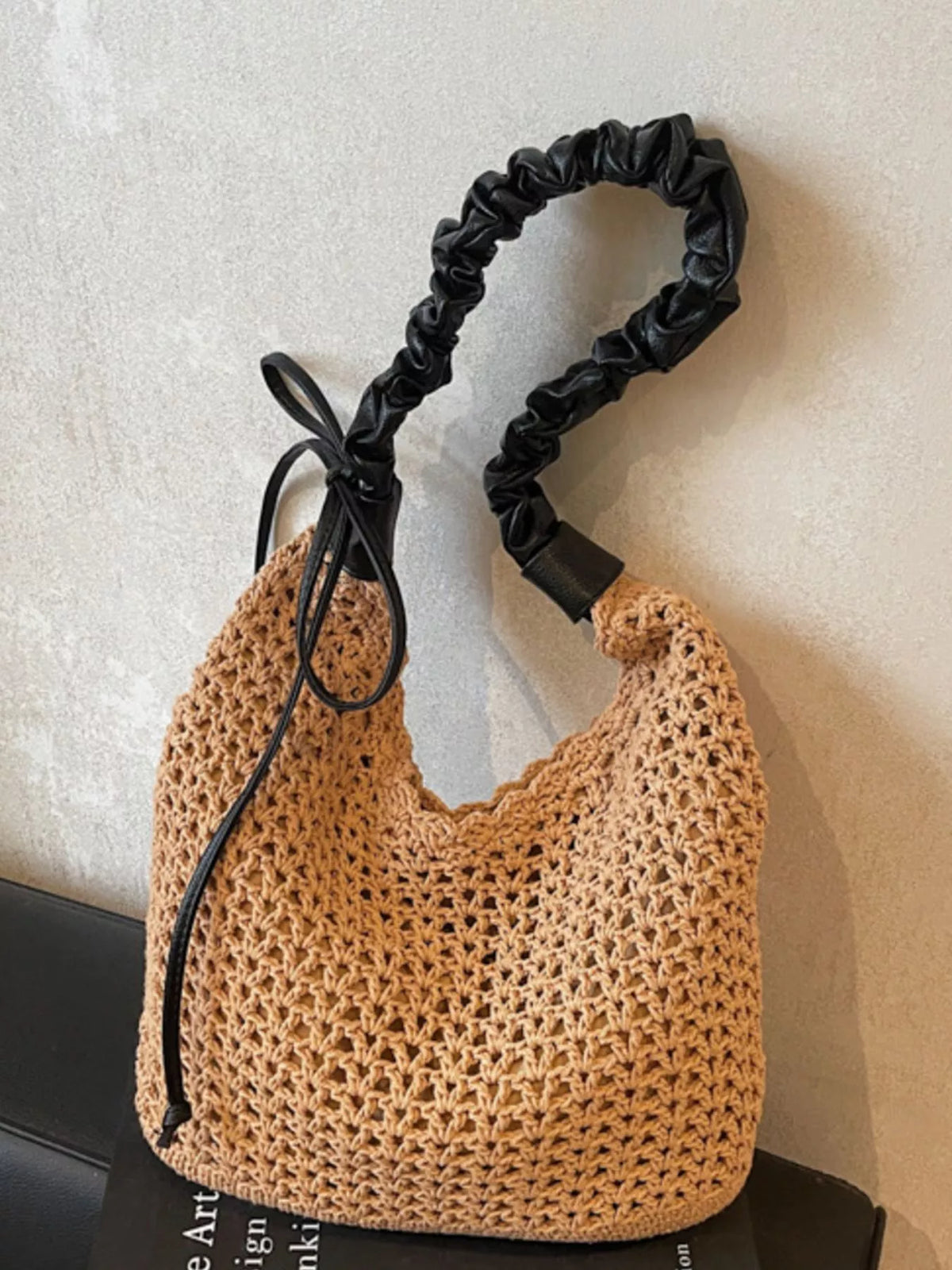 Ruched handle detail on crochet shoulder bag