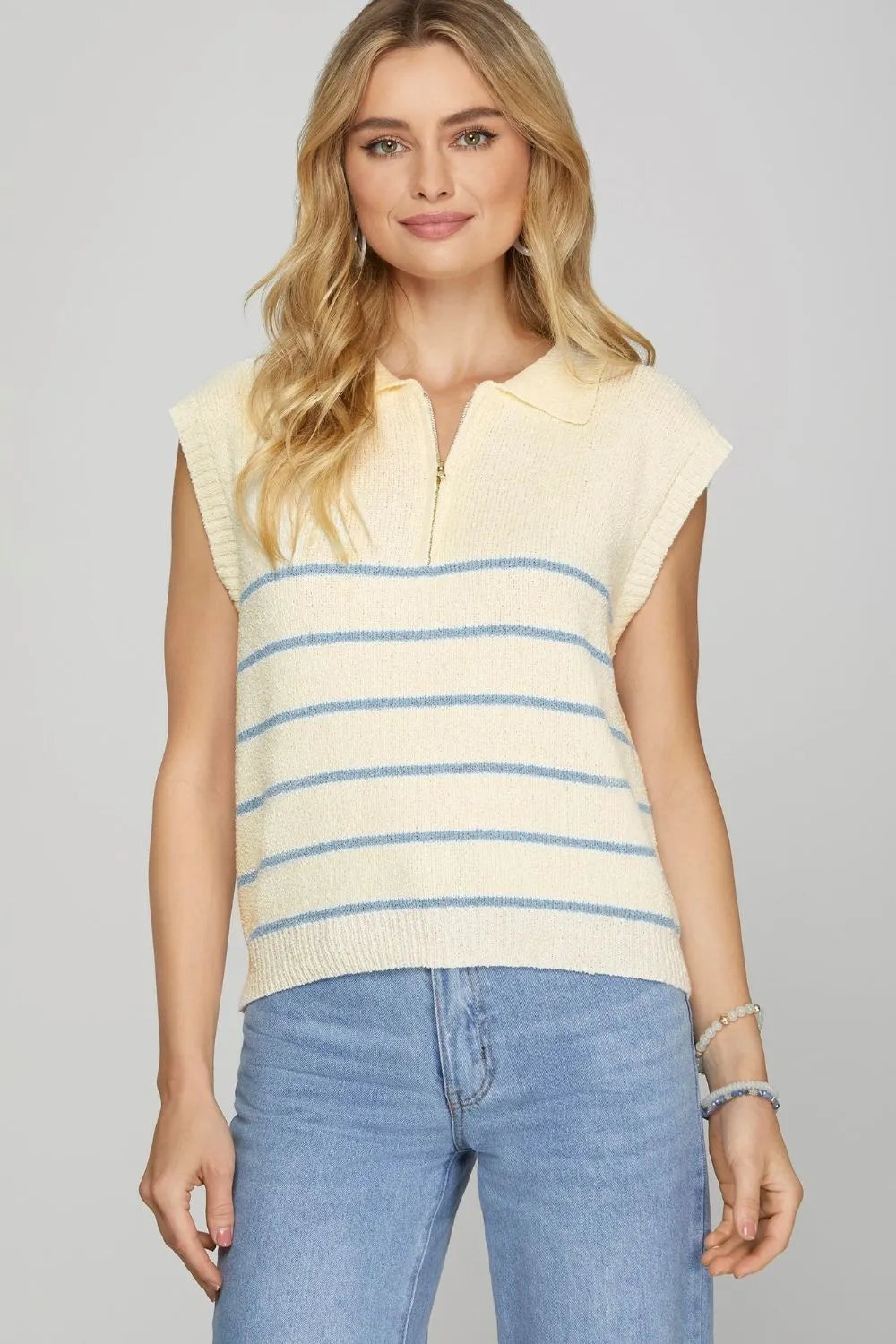 Striped Half Zip Sweater Vest Plus Size in Sky Blue