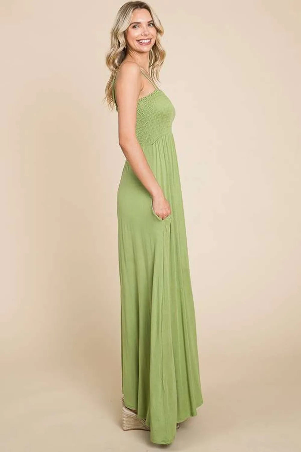 smocked cami maxi dress with pockets in olive back view