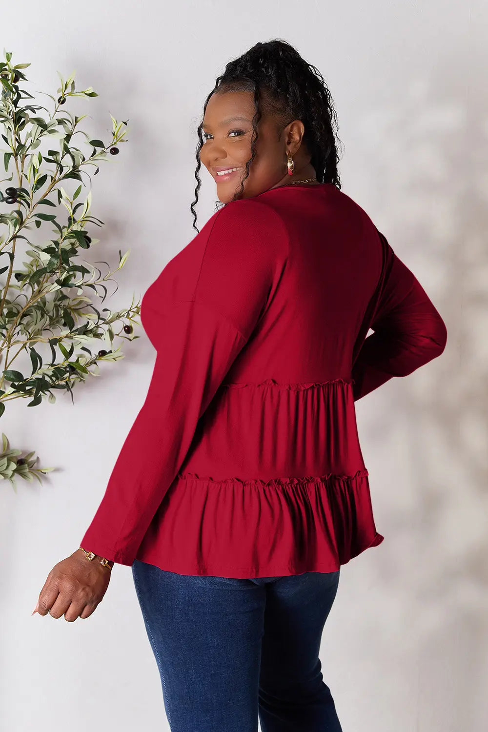 Double Take Half Button Long Sleeve Ruffle Hem Blouse - Fashorio
