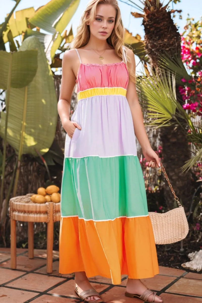 Color block tiered maxi dress with pockets front