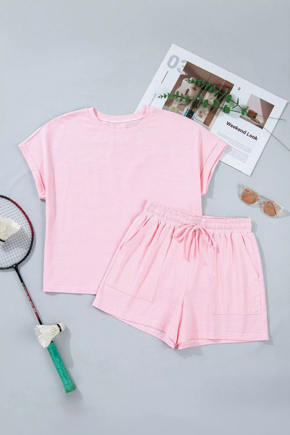 Striped tee and shorts coordinated set styled